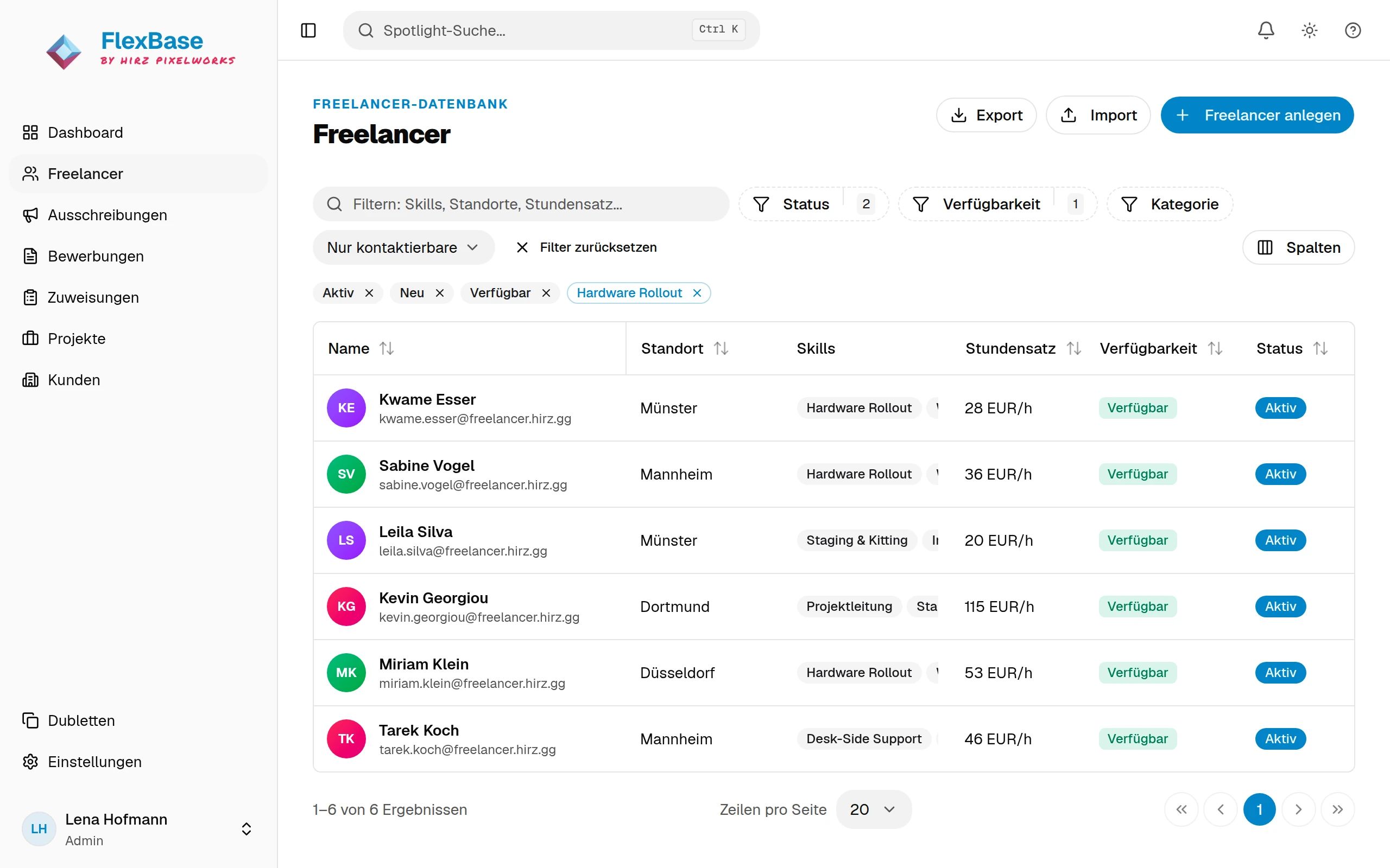 Freelancer-Datenbank in FlexBase, gefiltert nach verfügbaren Freelancern mit dem Skill Hardware Rollout, mit Standort, Skills, Stundensatz und Status