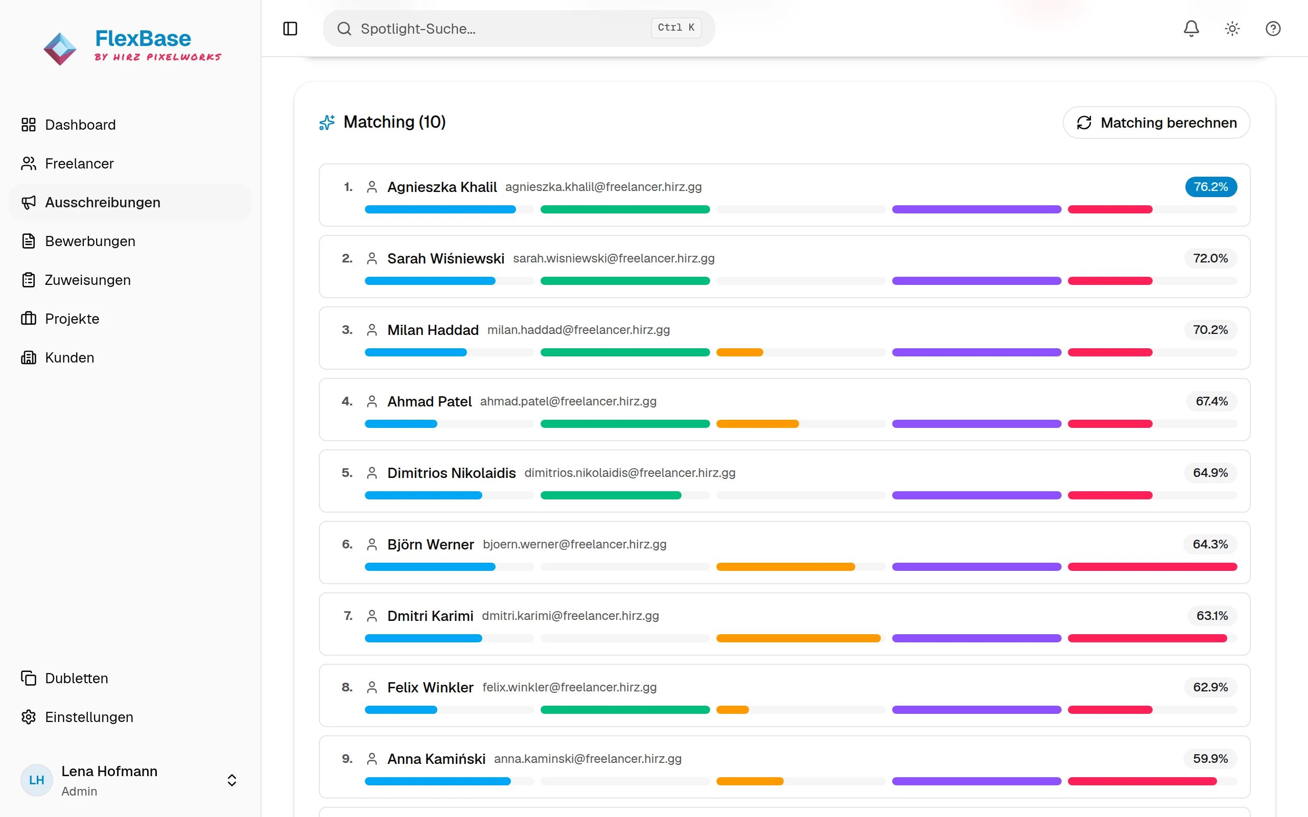 Matching einer Ausschreibung in FlexBase: Rangliste passender Freelancer mit Gesamtwert und farbigen Balken für die einzelnen Kriterien