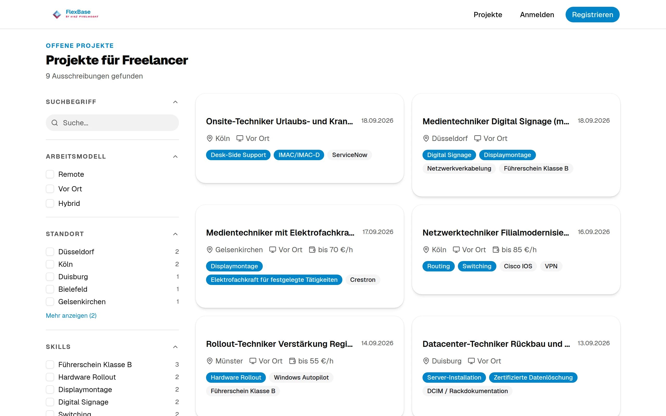 Projektbörse im FlexBase-Portal: Filter nach Arbeitsmodell, Standort und Skills, daneben offene Projekte wie Onsite-Techniker in Köln oder Netzwerktechniker in Düsseldorf