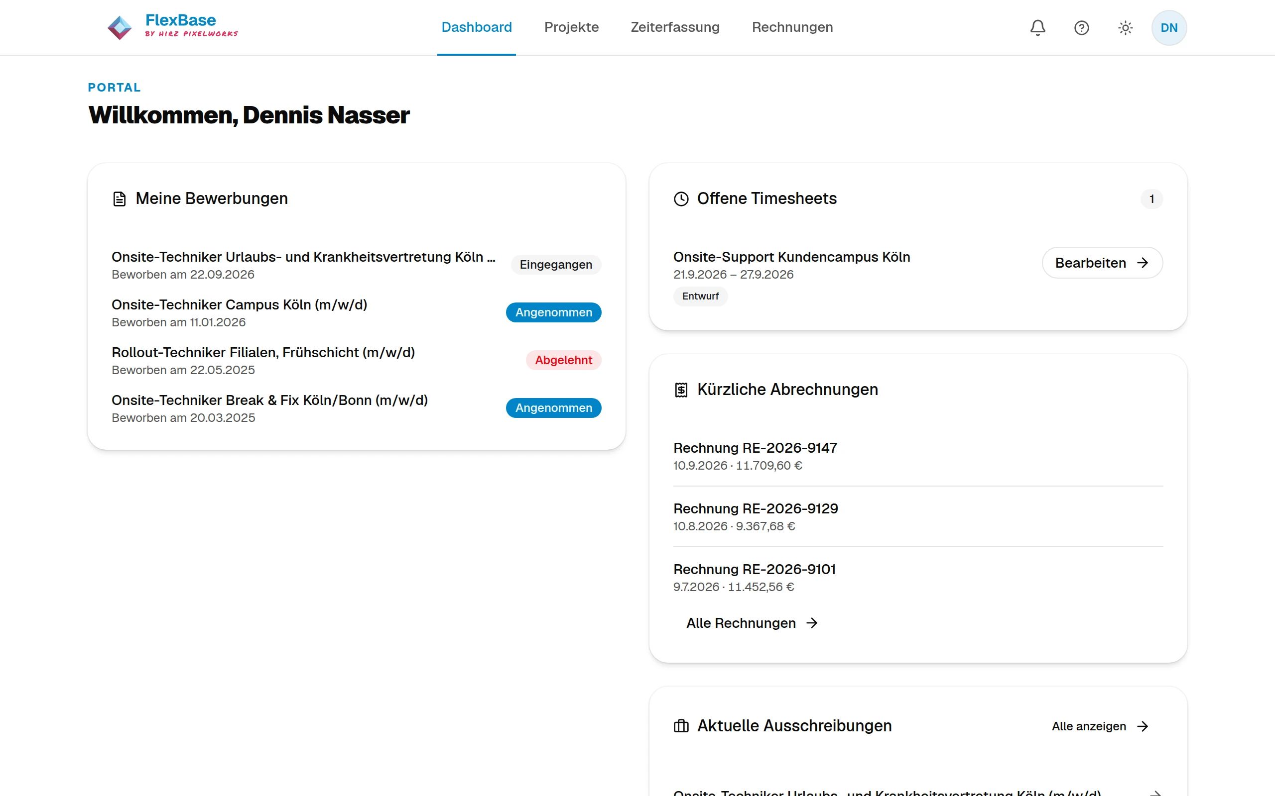 Startseite im FlexBase-Portal mit eigenen Bewerbungen und Status, einem offenen Stundenzettel und den letzten Rechnungen